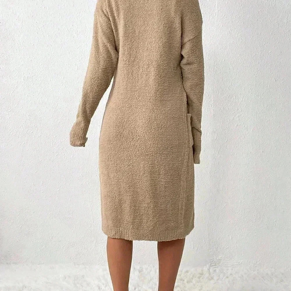 Tan Casual Womens Drop Shoulder Drawstring Cardigan & Knit Top & Knit Shorts - Picture 2 of 5